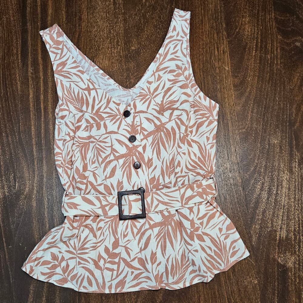 Monteau Los Angeles Tropical Linen Blend Belted Peplum Tank Top Small